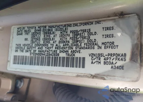 2001 Toyota Tacoma Prerunner V6 z USA, uszkodzony, nr VIN 5TEGN92N41Z840538